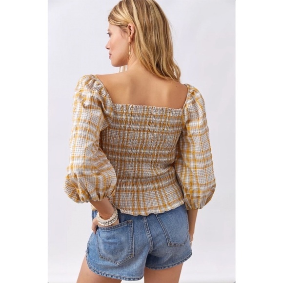 Maeve by Anthropologie A+ Plaid Square-Neck Smocked Puff Sleeve Blouse‎ Plus 2x - Picture 1 of 10